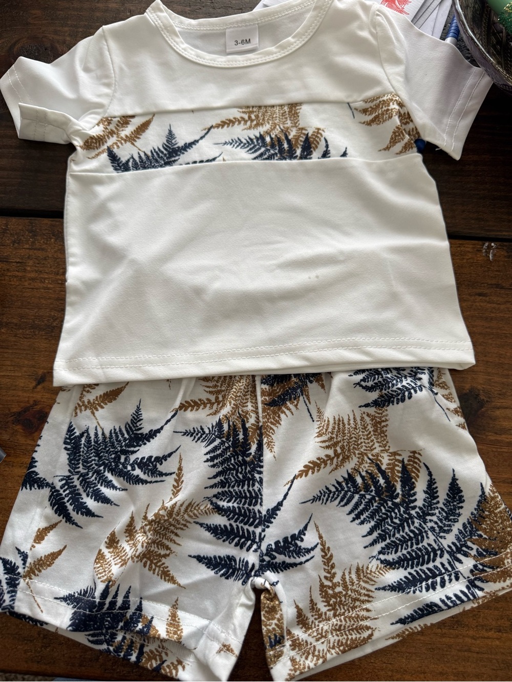 Yard sale this wknd; make bundle. Baby Two-Piece Set with Navy & Tan Fern Print